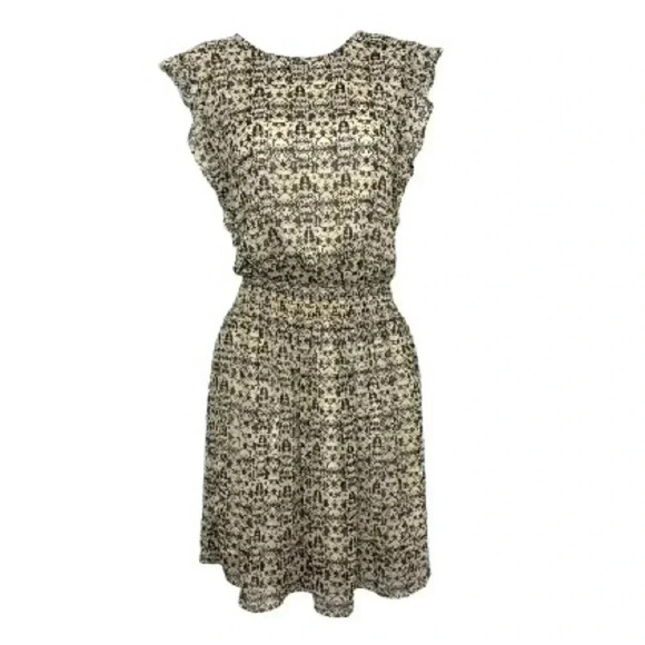 NWOT Mossimo Womens Ruffle Sleeve Fit & Flare Dress Back Keyhole Beige Gray - Picture 1 of 6